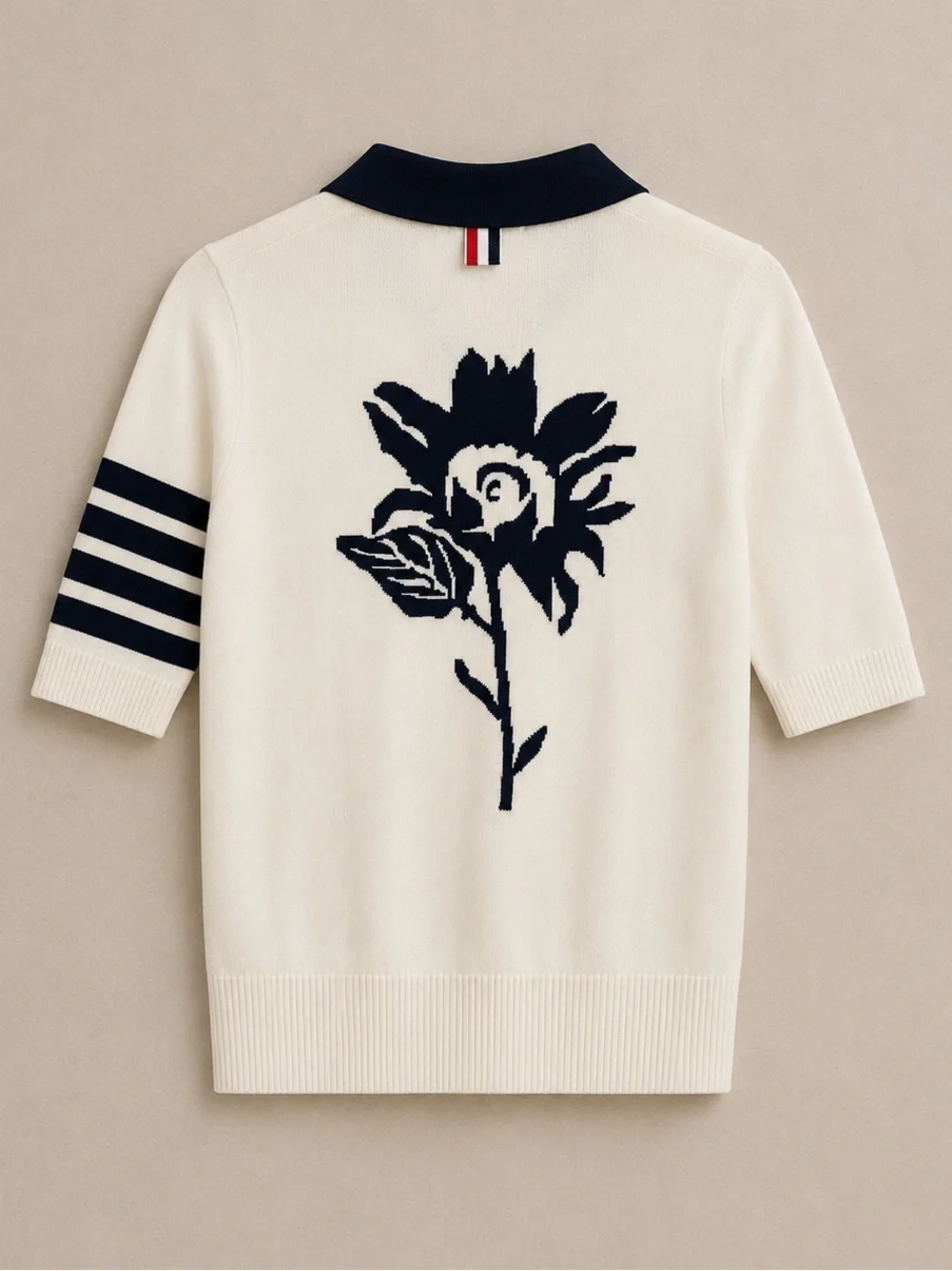 Thom Browne Flower Icon Intarsia Cotton Knit Preppy Polo White Navy 4 Bar Top XS - Picture 3 of 9
